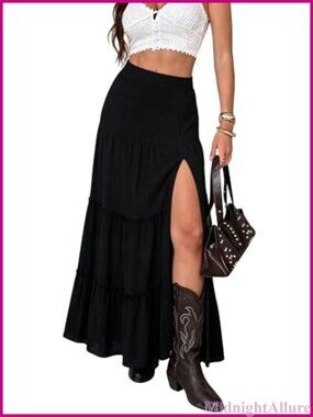 Womens High Waisted Boho Maxi Skirt Slit Ruffle Tiered Beach Long Skirt